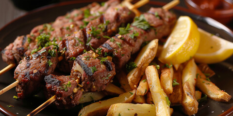 Souvlaki auf Teller mit Beilagen.