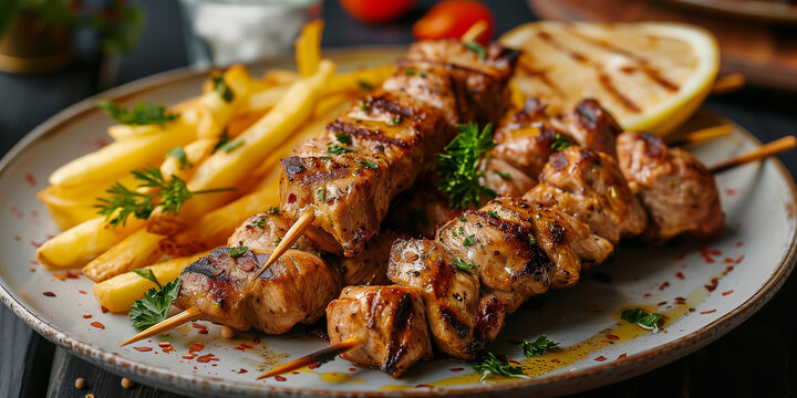 Souvlaki auf Teller mit Beilagen.