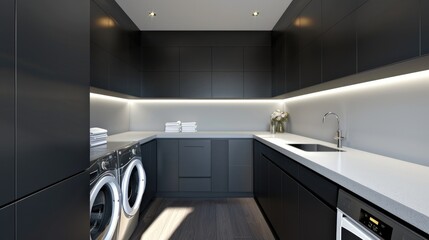 A laundry room with a minimalist, monochrome design, featuring matte black cabinets, white countertops, and sleek, modern appliances