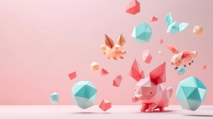 Obraz premium D abstract background featuring small cute animals made from geometric shapes AI generated illustration