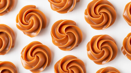 Fototapeta premium caramel swirls, sweet, on white background, tile pattern, dessert 