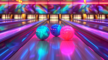 A dynamic and colorful scene of a modern bowling alley showcasing an array of neon bowling balls on a pristine, polished lane. 
