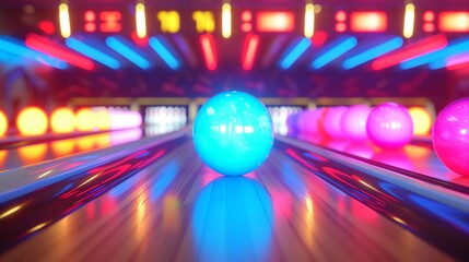 A dynamic and colorful scene of a modern bowling alley showcasing an array of neon bowling balls on a pristine, polished lane. 
