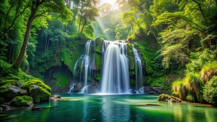 A stunning waterfall nestled in the heart of a lush green forest, waterfall, forest, nature, scenic, picturesque