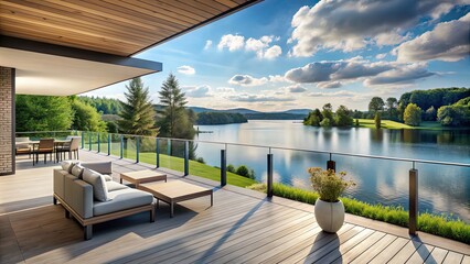 Fototapeta premium A modern lakeside terrace with panoramic views of the water and natural surroundings, lakeside, terrace, modern