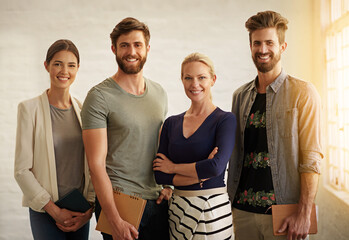 Portrait, business people and friends with smile for collaboration, support and confidence in...