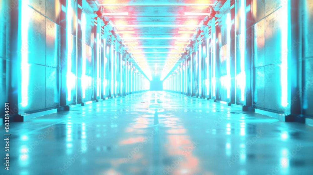 Poster futuristic neon-lit corridor with vibrant abstract shapes and glowing lines in a modern urban settin