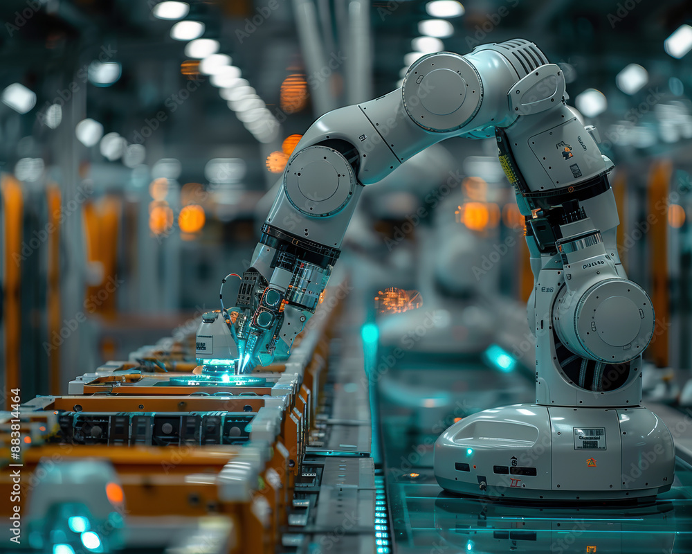 Aufkleber a robot is working on a conveyor belt in a factory