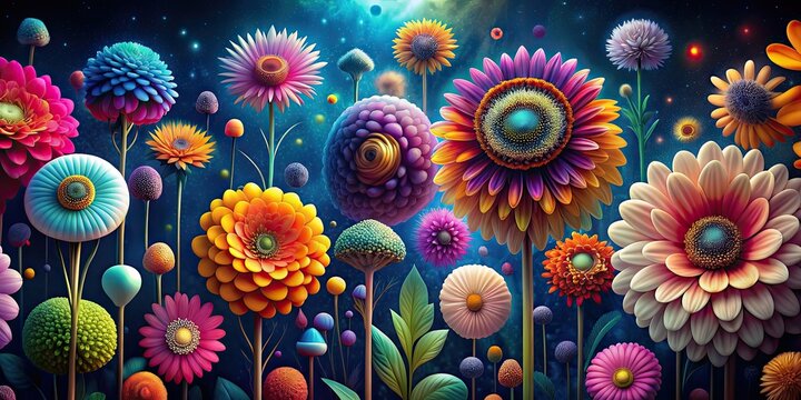 A collection of colorful and unique multiverse flowers, multiverse, flowers, colorful, unique, fantasy, alternate