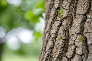Obraz premium Close-up of oak tree bark with intricate details and moss.
