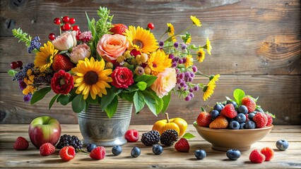 A serene still life arrangement featuring a variety of fresh flowers and ripe berries, flowers, berries, still life