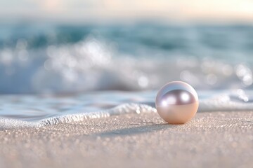 Close-up of a giant iridescent pearl against a crashing wave.