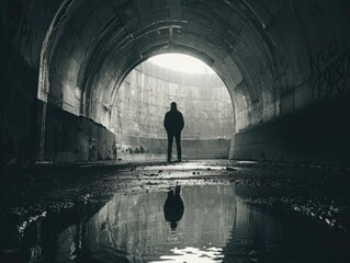 Man standing in tunnel with reflection