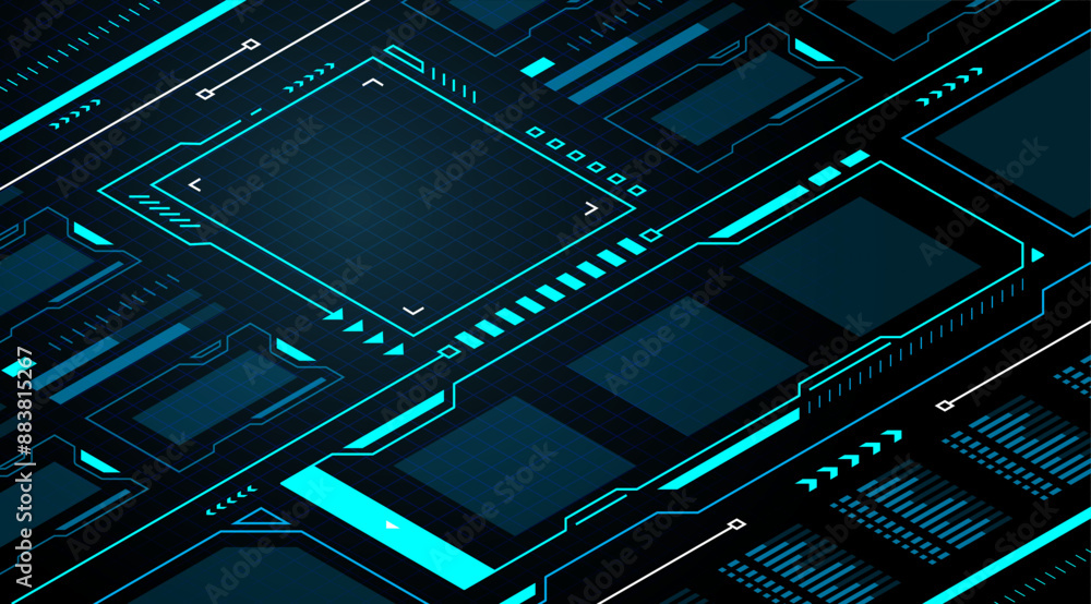 Poster frame isometric digital display technology futuristic hud vector design for digital media.