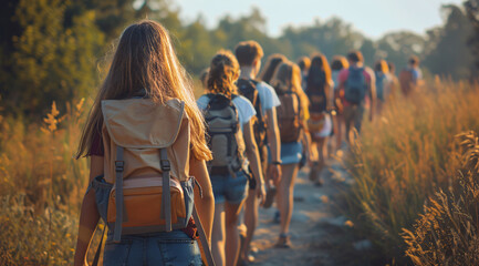 A group of teenagers walking in nature at a summer camp, enjoying outdoor activities and exploring the forest.