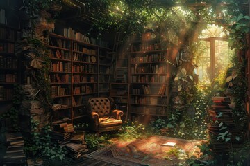 Sunlit Sanctuary: Hidden Library in a Lush Forest (Photorealistic)