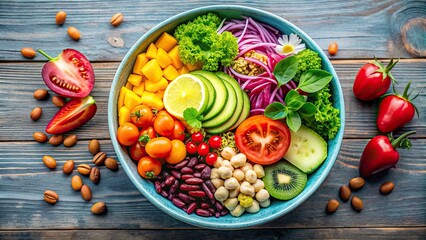 A colorful bowl filled with a variety of fresh, healthy foods , nutritious, organic, balanced meal, vegetables