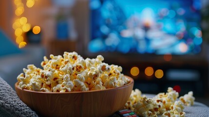 Close up of bowl of popcorn and remote control with tv works on background,Buckets with tasty popcorn on table,The color bright lighting, blue and red.Relax at home concept.