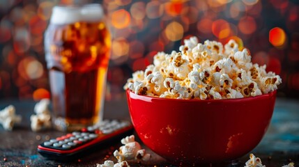 Close up of bowl of popcorn and remote control with tv works on background,Buckets with tasty popcorn on table,The color bright lighting, blue and red.Relax at home concept.