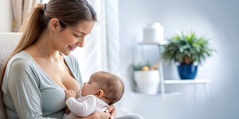Mother affectionately breastfeeding baby in a cozy home setting  