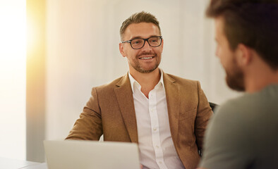 Businessman, computer and interview discussion with candidate for recruitment, opportunity and job...