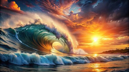 A dramatic and powerful solar tsunami wave crashing on a beach, solar, tsunami, wave, energy, power