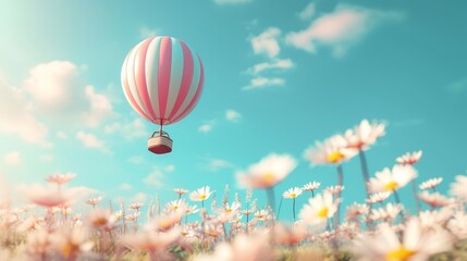 Naklejka premium hot air balloon going over a field of daisies in the pastel sky AI generated illustration