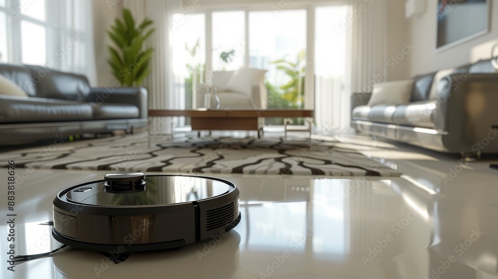Poster an automated robotic vacuum cleaner navigating through a modern living room, mapping the space and c