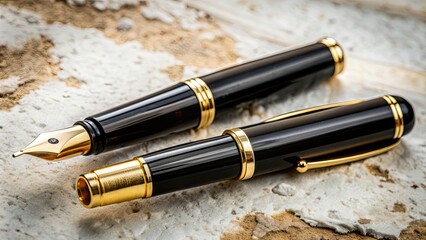 Black and gold fountain pen on a white background, luxury, elegant, office supplies, writing instrument, high-end