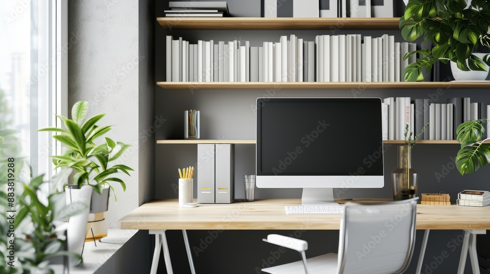 Poster styled elegant minimalist workspace with a computer and books  AI generated illustration