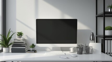 Obraz premium styled elegant minimalist workspace with a computer and books AI generated illustration