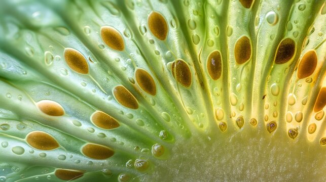 14071136 09 2. Super macro shot of a kiwi slice, focusing on the detailed texture of the seeds and the vibrant green flesh, emphasizing its high vitamin C content