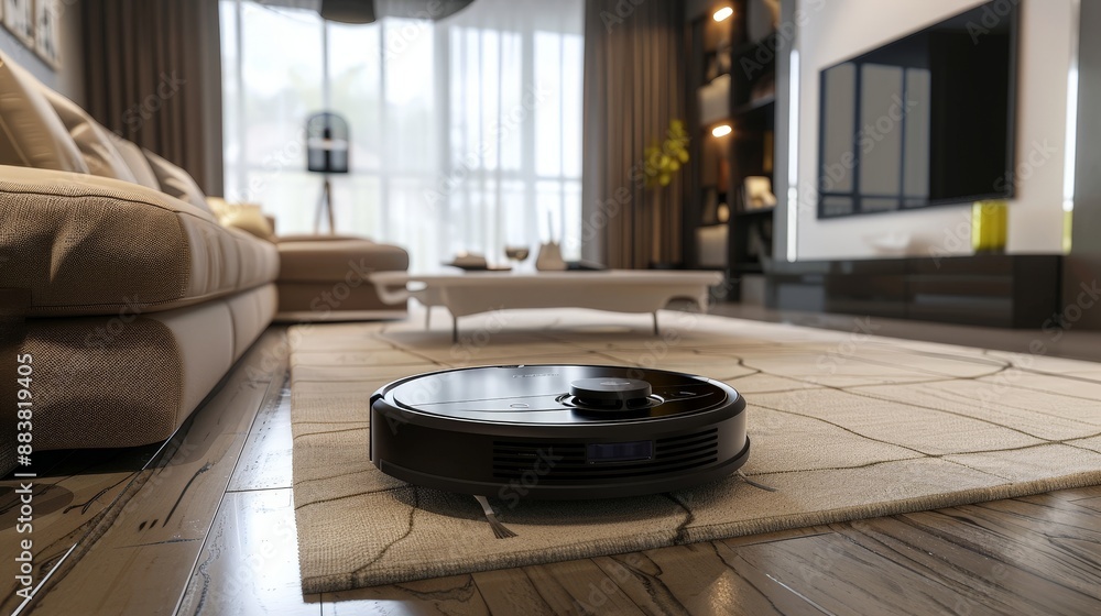 Poster an automated robotic vacuum cleaner navigating through a modern living room, mapping the space and c