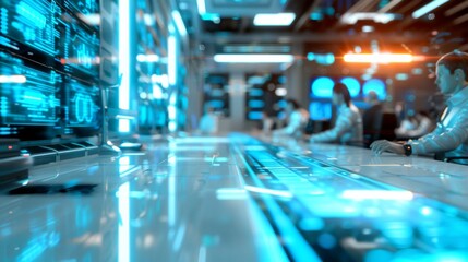 Diverse IT Professionals Focused on Innovation in a Modern, Brightly-Lit Tech Office with Holographic Displays