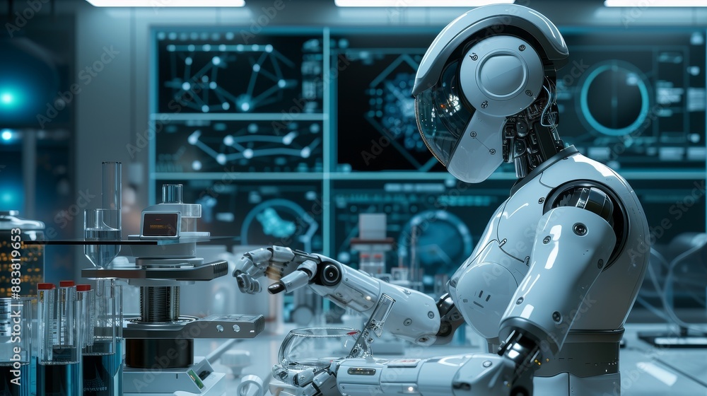Poster image of a futuristic robot in a lab ai generated illustration