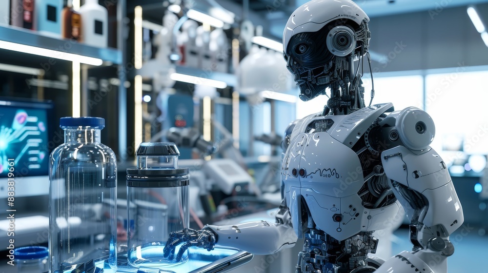 Poster image of a futuristic robot in a lab ai generated illustration