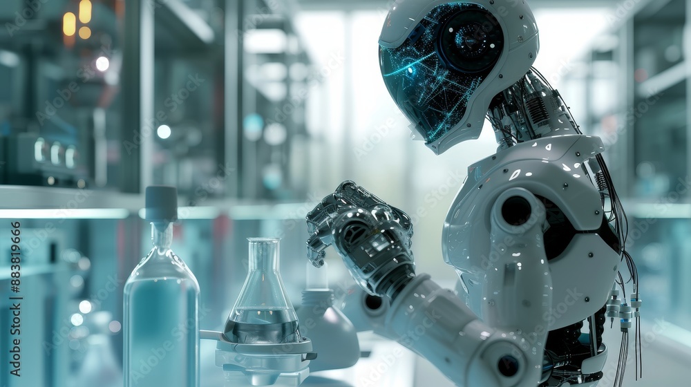 Poster image of a futuristic robot in a lab ai generated illustration