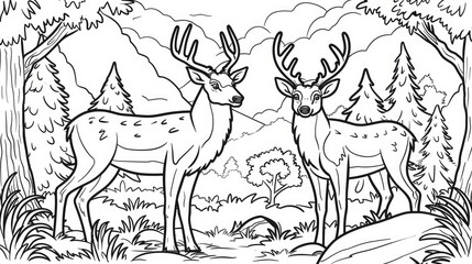 Deer stands in serene forest, coloring page for kids