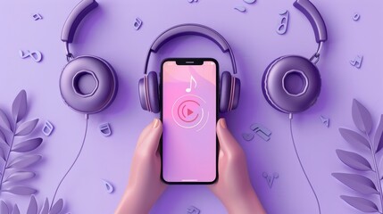 Hand holding the smartphone and music app,template music player with lyrics for handphone,Vector illustration of Streaming Service Concept,3D Illustration,space for text.