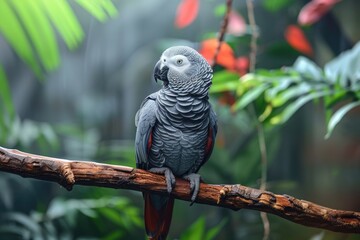 Beautiful grey parrot perching on branch