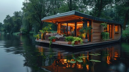 Obraz premium Modern houseboat lit up amidst a serene natural setting.