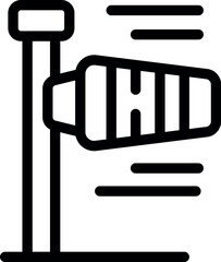 Simple bold line icon of a windsock blowing in the wind, indicating wind direction for safe take off and landing