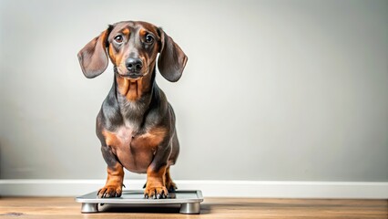 Dachshund dog on weighing scales looking curious about weight management, Dachshund, dog, weighing scales