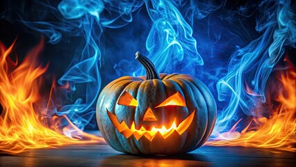 Fiery blue Halloween jack-o-lantern engulfed in mystical flames, symbolizing a haunting celebration, spooky, pumpkin, Halloween
