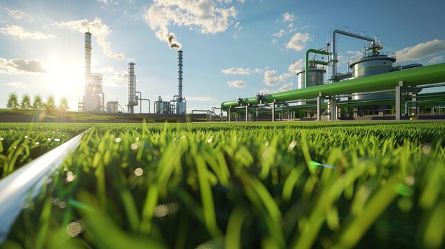 Industrial pipeline with green grass energy transportation environmental engineering infrastructure