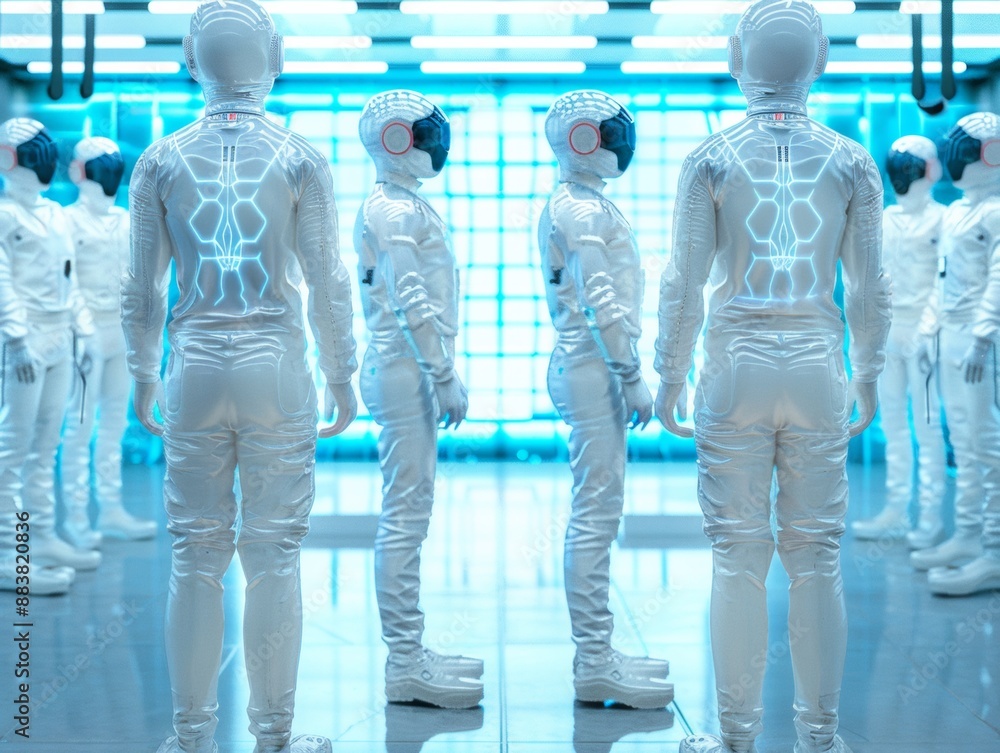 Poster Futuristic Tech Team in a Modern Minimalist Setting: Diverse Group Engaging with Holographic Displays and AI Robots