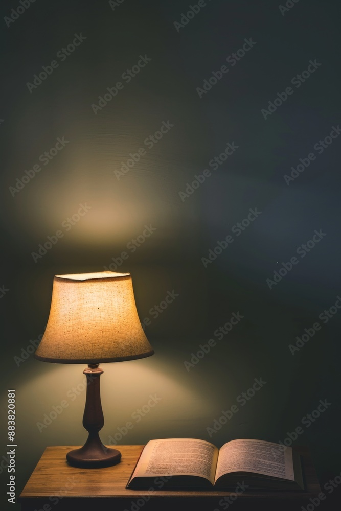 Poster A book softly illuminated by a lamp in a minimalist setting  AI generated illustration