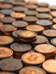 3D Flat Icon: Single Unique Coin Stands Out Among Coins in Dreamy Background with Ample Space for Text or Graphics, Symbolizing Value and Uniqueness on Isolated White Background