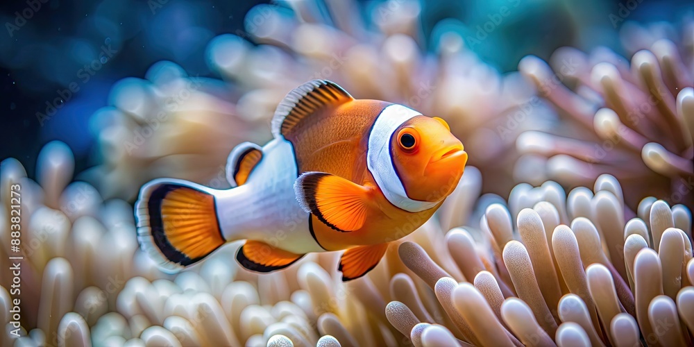 Poster Adorable white clownfish swimming in the sea, ocean, tropical, marine life, underwater, cute, small, colorful, aquatic