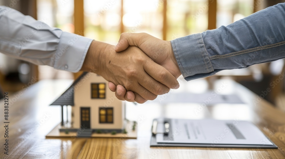 Poster a businessman shaking hands with a property buyer model home and contracts on the table ai generated